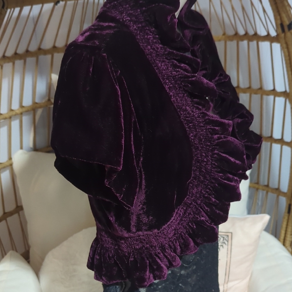 💜 Whimsigoth Ruffled Merlot Bolero Jacket - Picture 4 of 10